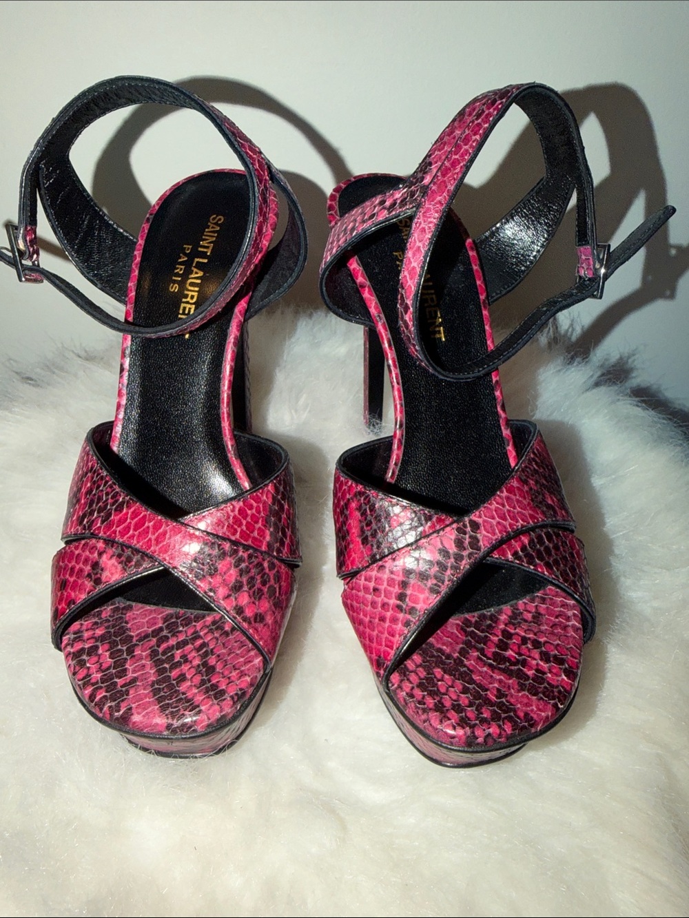 Saint Laurent Pink Snakeskin Crisscross Platform Sandals